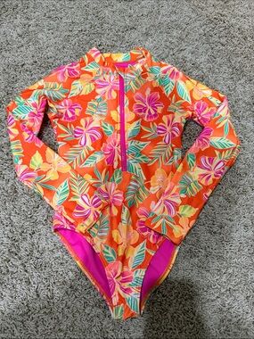 wonder nation Orange Floral Long-Sleeve Rashguard Swimsuit with Pink Accents